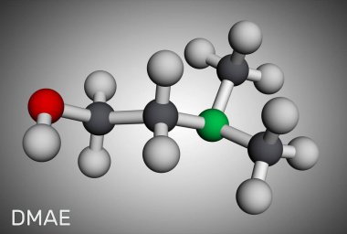 Dimethylethanolamine, dimethylaminoethanol, DMAE, DMEA molecule. It is tertiary amine, curing agent and a radical scavenger. Molecular model. 3D rendering. Illustration