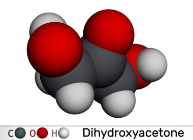 Dihydroxasetone, DHA, gliseron molekülü. Sakarit, triose, güneş kremi, bronzlaştırıcı krem bileşeni. Moleküler model. 3 boyutlu görüntüleme. Görüntü