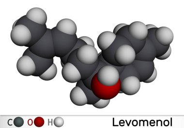 Bisabolol, alfa-Bisabolol, levomenol molekülü. Bu doğal monoklik sesquiterpene alkolü, çeşitli kokularda kullanılır. Moleküler model. 3 boyutlu görüntüleme. Görüntü