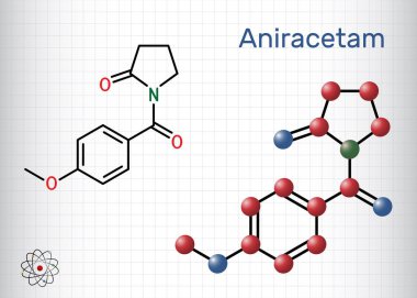 Anirasetam molekülü. Hafızayı ve dikkat bozukluklarını düzeltmek için kullanılan nootropik bir ilaç. Yapısal kimyasal formül, molekül modeli. Kafesteki bir kağıt parçası. Vektör illüstrasyonu