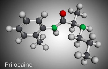 Prilokain molekülü. Diş tedavisinde kullanılan lokal anestezi. Moleküler model. 3 boyutlu görüntüleme. Görüntü