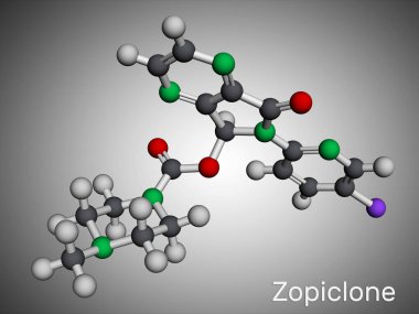 Zopiclone molekülü. Uyku sorununu tedavi etmek için kullanılan benzodiazepin içermeyen bir hipnoz. Moleküler model. 3 boyutlu görüntüleme. Görüntü