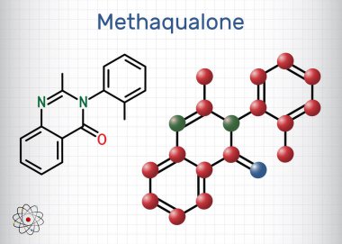 Methaqualone molekülü. Uykusuzluk tedavisinde kullanılan yatıştırıcı, hipnotik bir ilaç. İskelet kimyasal formülü. Uyuşturucu için kağıt ambalaj. Vektör illüstrasyonu