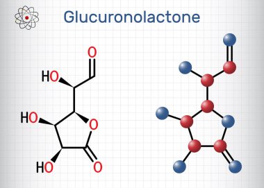 Glucuronolactone molekülü. Enerji içeceklerinde kullanılan doğal bir madde. Yapısal kimyasal formül ve molekül modeli. Kafesteki bir kağıt parçası. Vektör illüstrasyonu