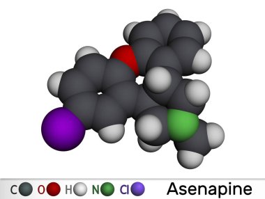 Asenapin molekülü. Bipolar bozukluk ve şizofreni tedavisinde kullanılan atipik bir antipsikotik. Moleküler model. 3 boyutlu görüntüleme. Görüntü