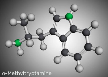 Alfa-Metiltriptamin, MT, AMT, molekül. Psikedelik, uyarıcı, antidepresan. Moleküler model. 3 boyutlu görüntüleme. Görüntü
