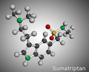 Sumatriptan molekülü. Serotonin reseptör agonisti migreni ve baş ağrısını tedavi etmek için kullanılır. Moleküler model. 3 boyutlu görüntüleme. Görüntü