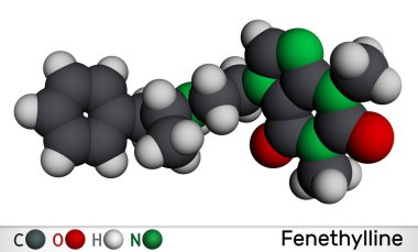 Fenethylline, phenethylline, amfetyline, fenetilline molekülü. Psikostimülan, narkotik, amfetamin ve teofilin ilacıdır. Moleküler model. 3 boyutlu görüntüleme. Görüntü