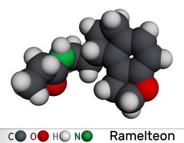 Ramelteon molekülü. Melatonin reseptör agonisti, uykusuzluk tedavisinde kullanılır. Moleküler model. 3 boyutlu görüntüleme. Görüntü