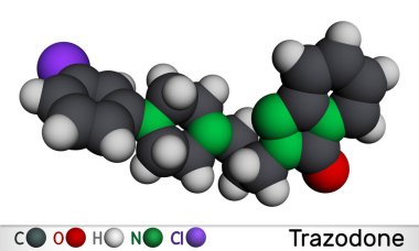 Trazodone molekülü. Büyük depresif bozuklukların tedavisinde kullanılan bir antidepresan. Moleküler model. 3 boyutlu görüntüleme. Görüntü