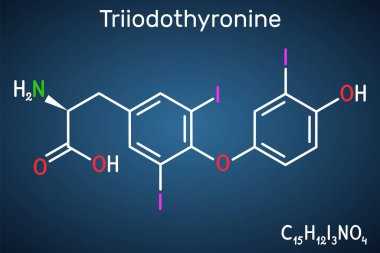 Triyodotironin, T3, liyotironin molekülü. Tiroid hormonu, hipotiroidizmi tedavi etmek için kullanılan hipofiz bezi hormonu. Koyu mavi arkaplanda yapısal kimyasal formül. Vektör illüstrasyonu