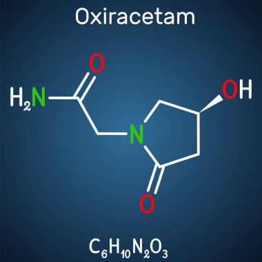 Oxirasetam molekülü. Hipodrom familyasının nootropik bir ilacı. Çok hafif bir uyarıcı. Koyu mavi arkaplanda yapısal kimyasal formül. Vektör illüstrasyonu