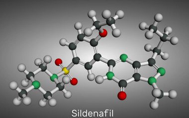 Sildenafil molekülü. Ereksiyon bozukluğu tedavisinde kullanılan bir ilaçtır. Moleküler model. 3 boyutlu görüntüleme. Görüntü 