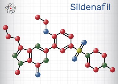 Sildenafil molekülü. Ereksiyon bozukluğu tedavisinde kullanılan bir ilaçtır. İskelet kimyasal formülü. Uyuşturucu için kağıt ambalaj. Vektör illüstrasyonu