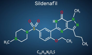 Sildenafil molekülü. Ereksiyon bozukluğu tedavisinde kullanılan bir ilaçtır. Koyu mavi arkaplanda yapısal kimyasal formül. Vektör illüstrasyonu