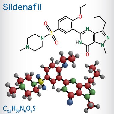 Sildenafil molekülü. Ereksiyon bozukluğu tedavisinde kullanılan bir ilaçtır. Yapısal kimyasal formül, molekül modeli. Vektör illüstrasyonu