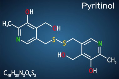 Pyritinol molekülü, pyridoksin disülfit, bilişsel ilaç. Yapısal kimyasal formül, molekül modeli. Vektör illüstrasyonu