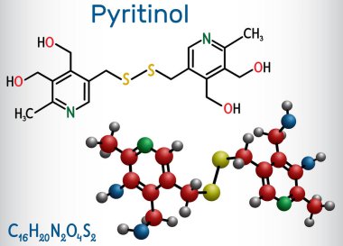 Pyritinol molekülü, pyridoksin disülfit, bilişsel ilaç. Yapısal kimyasal formül, molekül modeli. Vektör illüstrasyonu