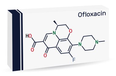 Ofloxacin florokinolon molekülü. Quinolone antibiyotiği, antibakteriyel ilaç. İskelet kimyasal formülü. Uyuşturucu için kağıt ambalaj. Vektör illüstrasyonu