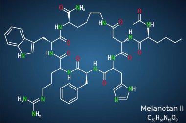 Melanotan II molekülü. Peptit hormonunun sentetik analogu melanogenezi uyarır ve cinsel uyarılmayı arttırır. Koyu mavi arkaplanda yapısal kimyasal formül. Vektör illüstrasyonu