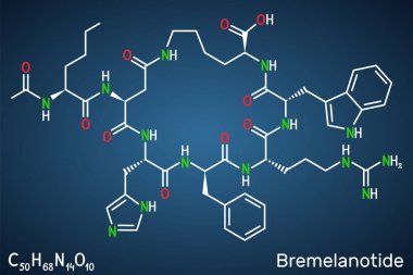 Bremelanotid molekülü. Kadınlarda hipoaktif cinsel arzu bozukluğunu tedavi etmek için kullanılan 7 amino asit peptidi. Koyu mavi arkaplanda yapısal kimyasal formül. Vektör illüstrasyonu