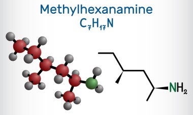 Metilheksanamin, metilheksanamin, dimetilamin, DMAA molekülü. Bu alkilamin, dolaylı sembolik ilaç. Yapısal kimyasal formül, molekül modeli. Vektör illüstrasyonu