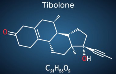 Tibolon molekülü. Menopoz ve osteoporoz semptomlarının tedavisinde kullanılan anabolik steroid hormon ilacı sentetik östrojen. Koyu mavi arkaplanda yapısal kimyasal formül. Vektör illüstrasyonu