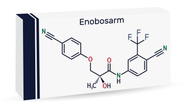 Enobosarm, ostarin molekülü. Steroidal olmayan, anabolik aktivitesi olan seçici androjen reseptör modülatörü SARM. İskelet kimyasal formülü. Uyuşturucu için kağıt ambalaj. Vektör illüstrasyonu