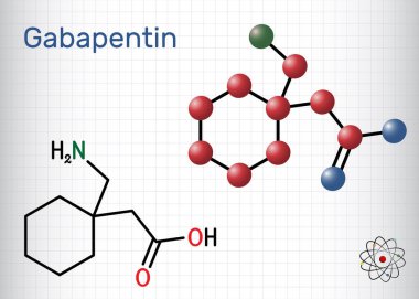 Gabapentin molekülü. Nöropatik ağrı ve epilepsi tedavisinde kullanılan antikonvülsan ilacı. Yapısal kimyasal formül, molekül modeli. Kafesteki bir kağıt parçası. Vektör illüstrasyonu