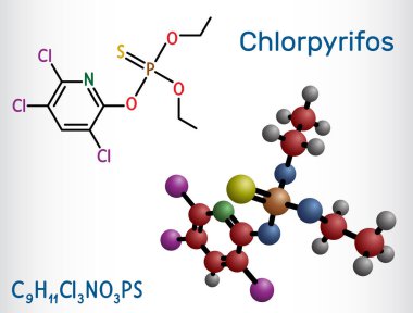 Chlorpyrifos, CPS molekülü. Böcek ilacı olarak kullanılan organofosfat nörotoksit. Yapısal kimyasal formül, molekül modeli. Vektör illüstrasyonu