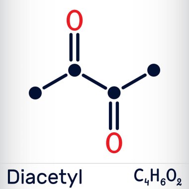 Diasetil, butanedion molekülü. Alkollü içeceklerde görülür ve bazı gıdalara tat olarak eklenir. İskelet kimyasal formülü. Vektör illüstrasyonu