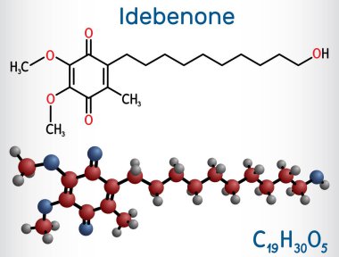 İdebenon molekülü. Antioksidan, ferroptosis inhibitörü, Alzheimer hastalığı için kullanılan koenzim Q10 'un sentetik analogu. Yapısal kimyasal formül ve molekül modeli. Vektör illüstrasyonu