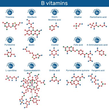 Vitamins of B group molecule. Thiamine, riboflavin, niacin, nicotinic acid, choline, pyridoxine, biotin, inositol, folic acid, PABA, L-carnitine, cyanocobalamin, orotic acid, PQQ, pangamic acid. Molecular model. Vector illustration clipart