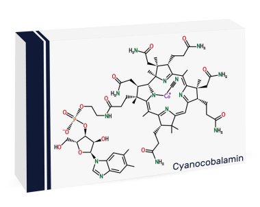 Siyanokobalamin, kobalamin molekülü. Bir tür B12 vitamini. İskelet kimyasal formülü. Uyuşturucu için kağıt ambalaj. Vektör illüstrasyonu