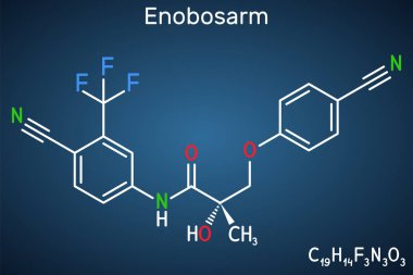 Enobosarm, ostarin molekülü. Steroidal olmayan, anabolik aktivitesi olan seçici androjen reseptör modülatörü SARM. Koyu mavi arkaplanda yapısal kimyasal formül. Vektör illüstrasyonu