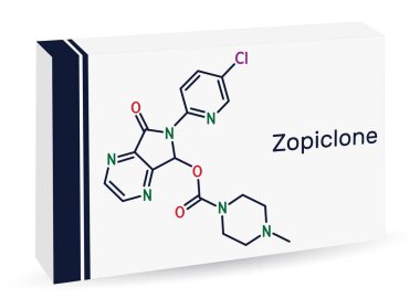 Zopiclone molekülü. Uyku sorununu tedavi etmek için kullanılan benzodiazepin içermeyen bir hipnoz. İskelet kimyasal formülü. Uyuşturucu için kağıt ambalaj. Vektör illüstrasyonu