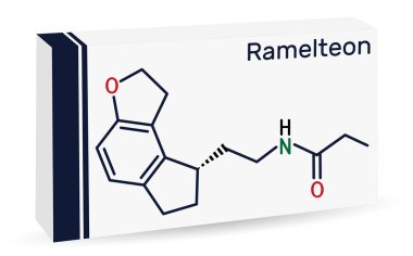 Ramelteon molekülü. Uykusuzluk tedavisi için kullanılan melatonin reseptör agonisti. İskelet kimyasal formülü. Uyuşturucu için kağıt ambalaj. Vektör illüstrasyonu