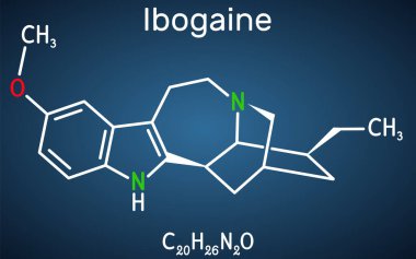 İbogaine molekülü. Monoterapi penoid indole alkaloid, psikoaktif madde, halüsinojen, halüsinojen. Koyu mavi arkaplanda yapısal kimyasal formül. Vektör illüstrasyonu