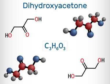 Dihydroxasetone, DHA, gliseron molekülü. Sakarit, triose, güneş kremi, bronzlaştırıcı krem bileşeni. Yapısal kimyasal formül, molekül modeli. Vektör illüstrasyonu