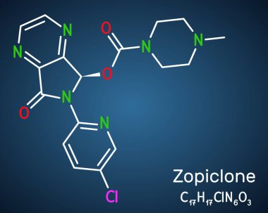 Zopiclone molekülü. Uyku sorununu tedavi etmek için kullanılan benzodiazepin içermeyen bir hipnoz. Koyu mavi arkaplanda yapısal kimyasal formül. Vektör illüstrasyonu