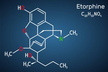 Etorfin, M99 molekülü. Morfin alkaloit, opioid analjezik, sadece veterinerlik için sakinleştirici. Koyu mavi arkaplanda yapısal kimyasal formül. Vektör illüstrasyonu