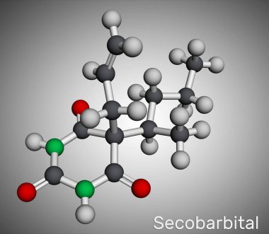 Secobarbital molekül. Uykusuzluk tedavisi için anestezi, antikonvülsan, sakinleştirici ve hipnotik özellikleri olan uyku ilacı. Moleküler model. 3 boyutlu görüntüleme. Görüntü