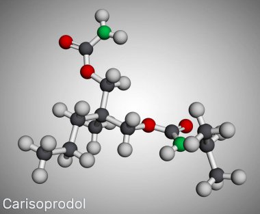 Carisoprodol molekülü. Kas gevşetici, ağrılı kas iskeleti koşullarında kullanılır. Moleküler model. 3 boyutlu görüntüleme. Görüntü