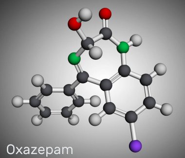 Oxazepam molekülü. Panik bozukluklarını tedavi etmek için kullanılan benzodiazepin ağır anksiyete ve uykusuzluk moleküler modeli. 3 boyutlu görüntüleme. Görüntü