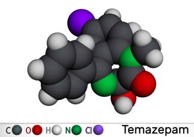 Temazepam ilaç molekülü. Bu benzodiazepin, panik bozukluklarının tedavisinde kullanılır, şiddetli anksiyete, uykusuzluk, moleküler model. 3 boyutlu görüntüleme. Görüntü