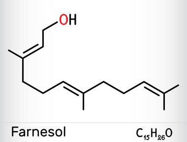Farnesol molekülü. Terpenoidlerin türevi. Narin bir kokusu var ve parfümeride kullanılıyor. İskelet kimyasal formülü. Vektör illüstrasyonu