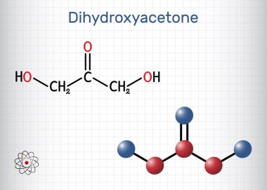 Dihydroxasetone, DHA, gliseron molekülü. Sakarit, triose, güneş kremi, bronzlaştırıcı krem bileşeni. Yapısal formül, molekül modeli. Kağıt kafes. Vektör illüstrasyonu