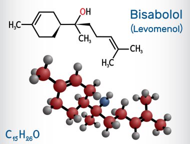 Bisabolol, alpha-Bisabolol, levomenol molecule. It is natural monocyclic sesquiterpene alcohol, used in various fragrances. Structural chemical formula, molecule model. Vector illustration clipart