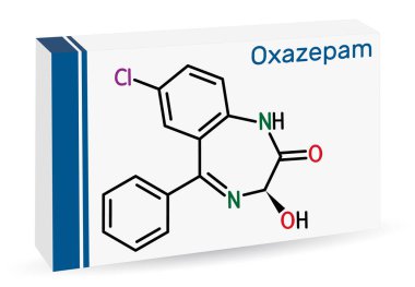 Oxazepam molekülü. Panik bozukluklarını tedavi etmek için kullanılan benzodiazepin, şiddetli endişe ve uykusuzluk. İskelet kimyasal formülü. Uyuşturucu için kağıt ambalaj. Vektör illüstrasyonu