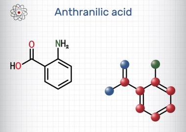 Anthranilic asit molekülü. Bu aminobenzoik aromatik asit. Yapısal kimyasal formül ve molekül modeli. Kafesteki bir kağıt parçası. Vektör illüstrasyonu